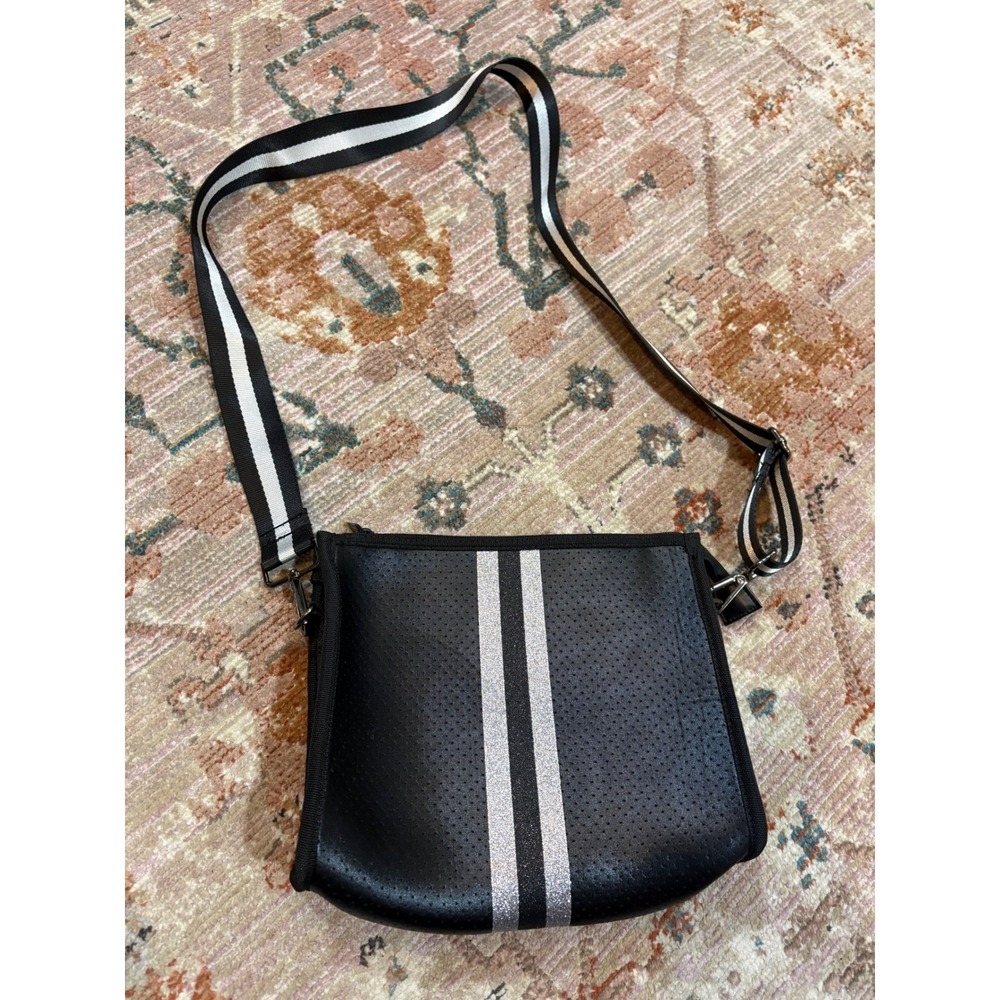 Haute Shore Drew Black Perforated Neoprene Crossbody Bag Silver Glitter Stripe